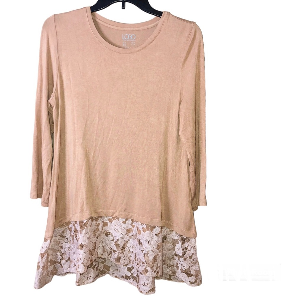Logo‎ Lori Goldstein Lace Trim Long Sleeve Top Brown Small
